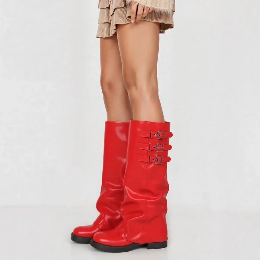 Women's Red Fall Slouchy Fold Over Tall Boots Motorcycle Zipper Fashion Buckle